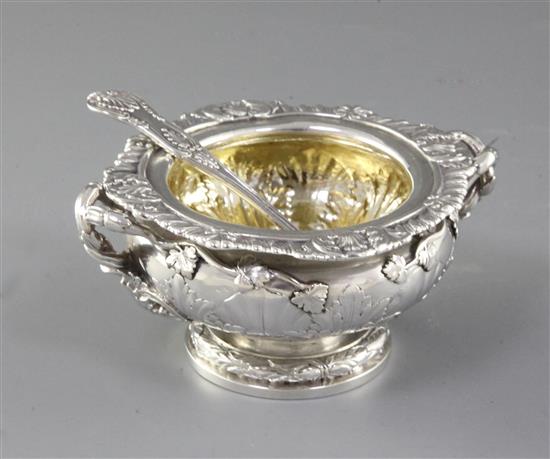 A heavy early Victorian two handled silver master table salt, by John Tapley, dia 135mm, weight 12.1oz/378grms.